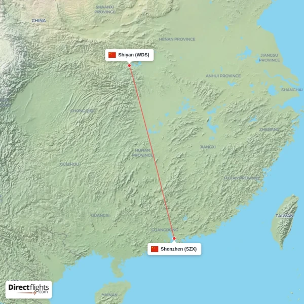 Shiyan - Shenzhen direct flight map