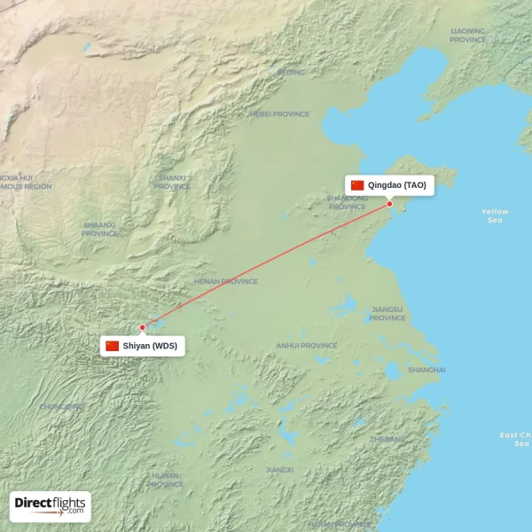 Shiyan - Qingdao direct flight map