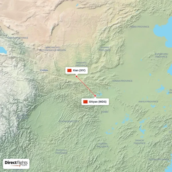 Shiyan - Xian direct flight map
