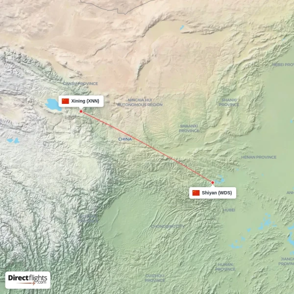Shiyan - Xining direct flight map