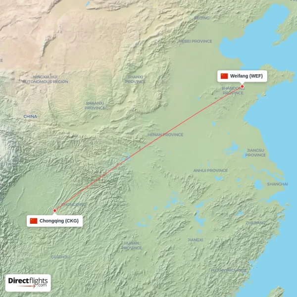 Weifang - Chongqing direct flight map