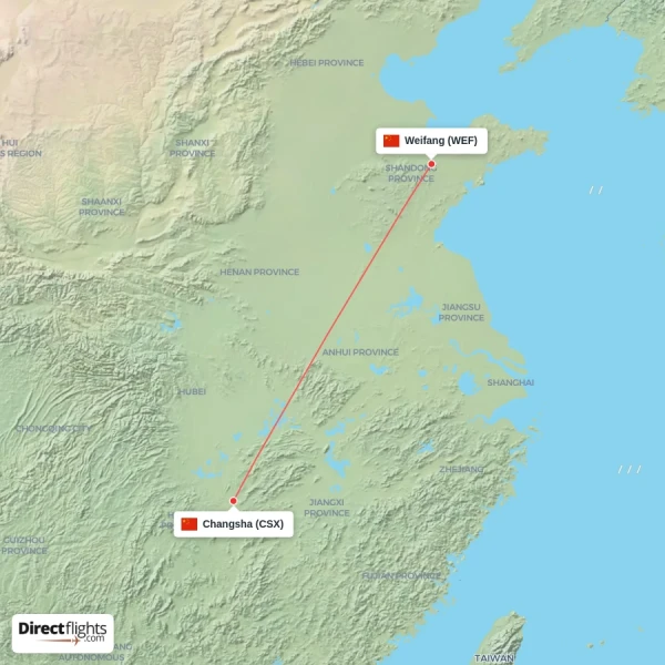 Weifang - Changsha direct flight map
