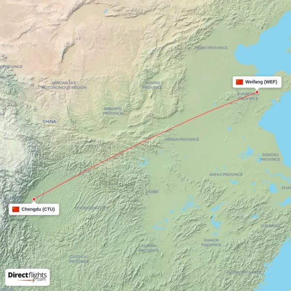 Weifang - Chengdu direct flight map