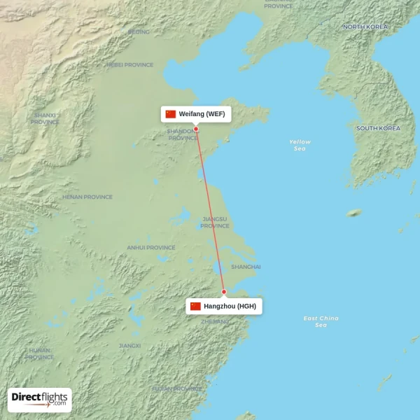 Weifang - Hangzhou direct flight map