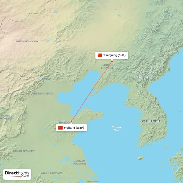 Weifang - Shenyang direct flight map