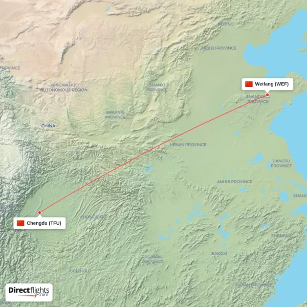 Weifang - Chengdu direct flight map