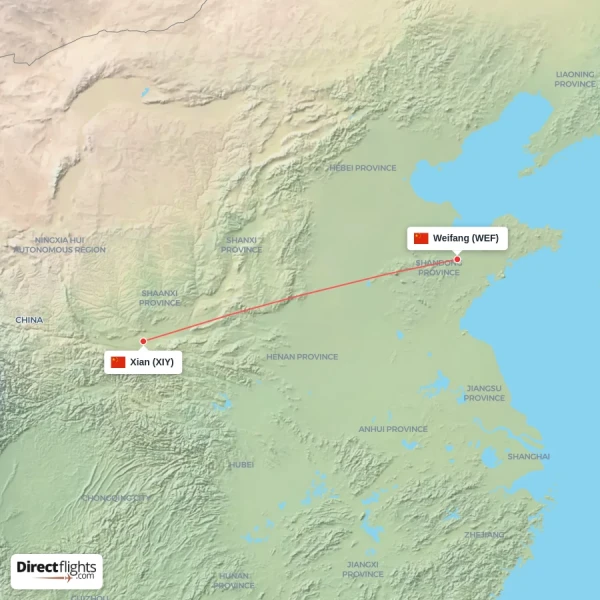 Weifang - Xian direct flight map
