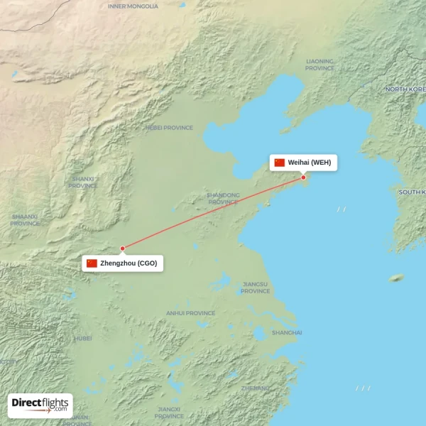 Weihai - Zhengzhou direct flight map