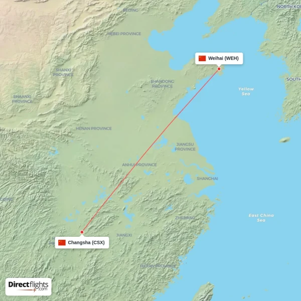 Weihai - Changsha direct flight map