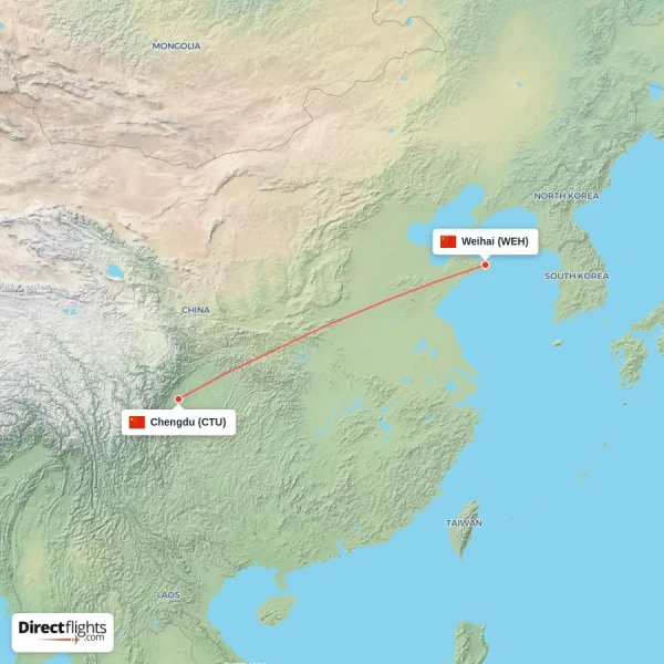 Weihai - Chengdu direct flight map