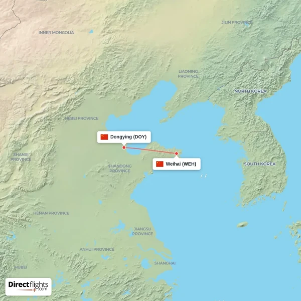 Weihai - Dongying direct flight map