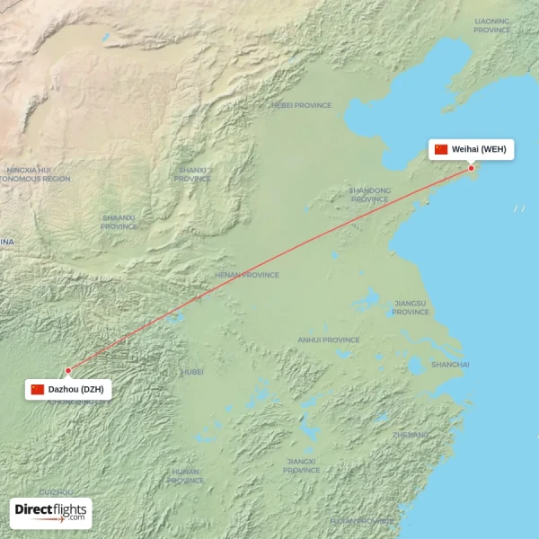 Weihai - Dazhou direct flight map