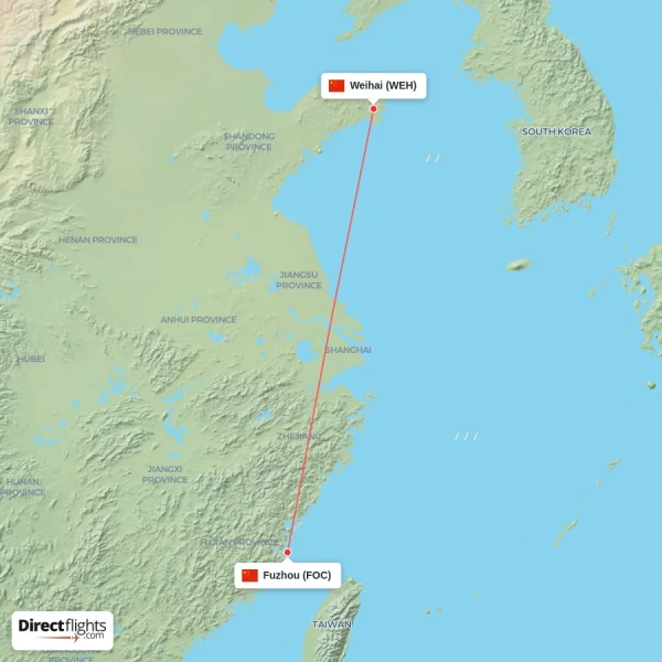 Weihai - Fuzhou direct flight map