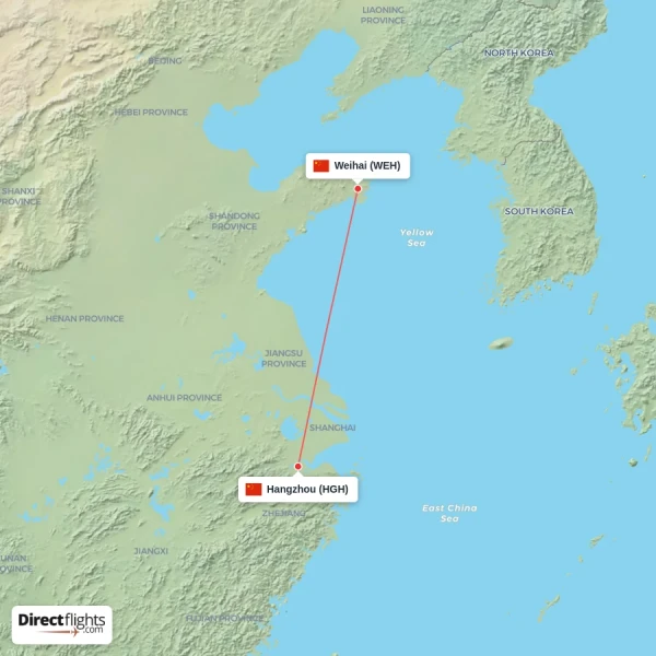 Weihai - Hangzhou direct flight map