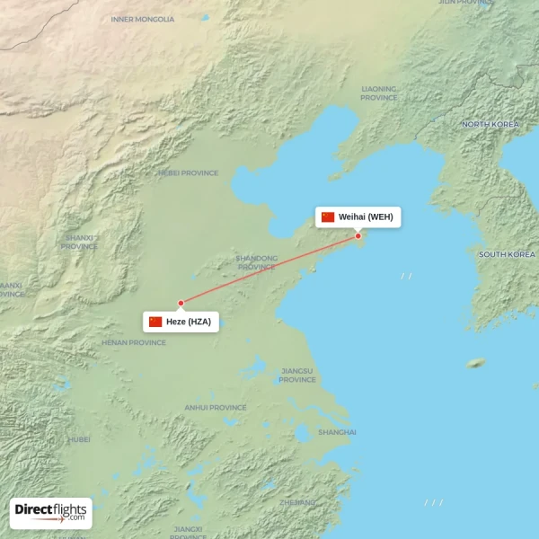 Weihai - Heze direct flight map