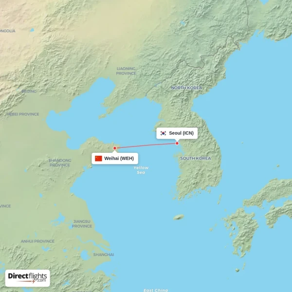 Weihai - Seoul direct flight map