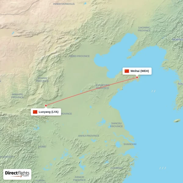 Weihai - Luoyang direct flight map