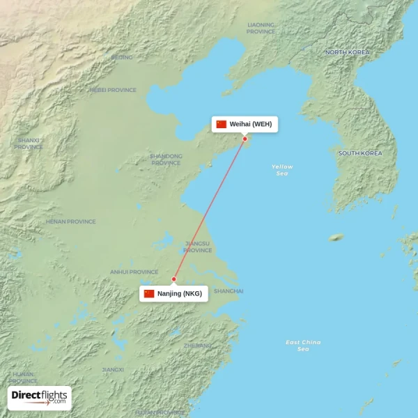 Weihai - Nanjing direct flight map