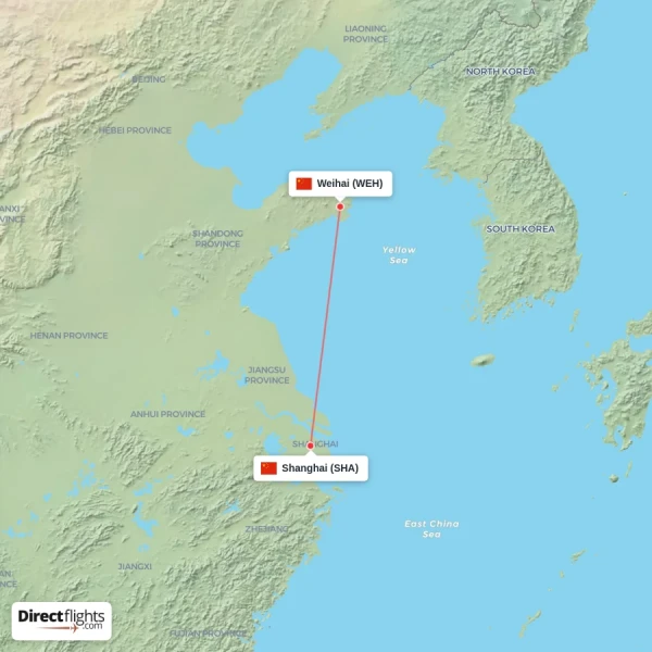Weihai - Shanghai direct flight map