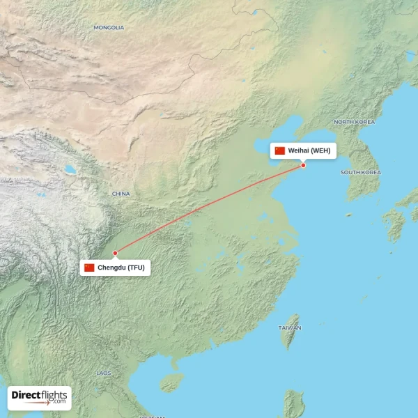 Weihai - Chengdu direct flight map