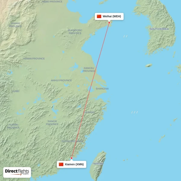 Weihai - Xiamen direct flight map