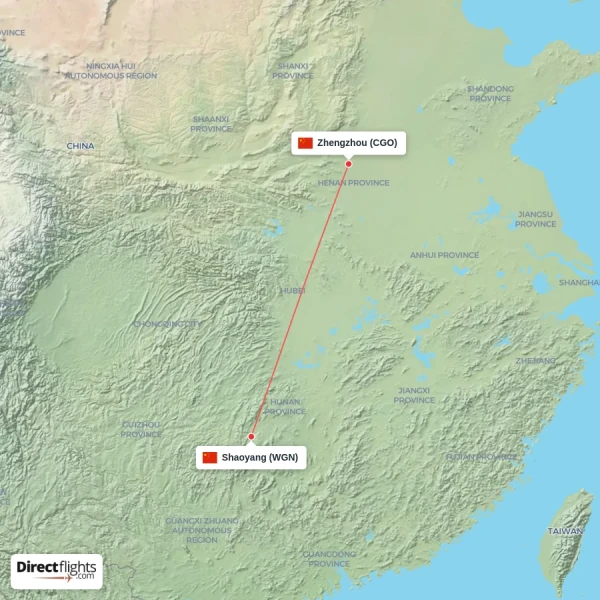 Shaoyang - Zhengzhou direct flight map