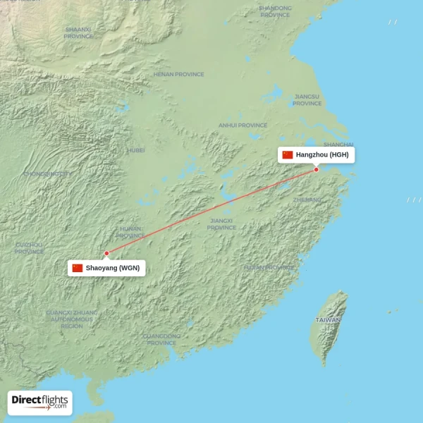 Shaoyang - Hangzhou direct flight map