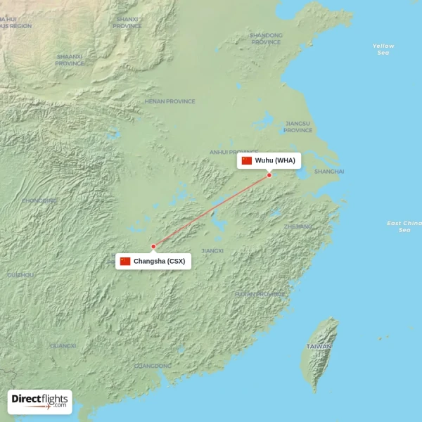 Wuhu - Changsha direct flight map
