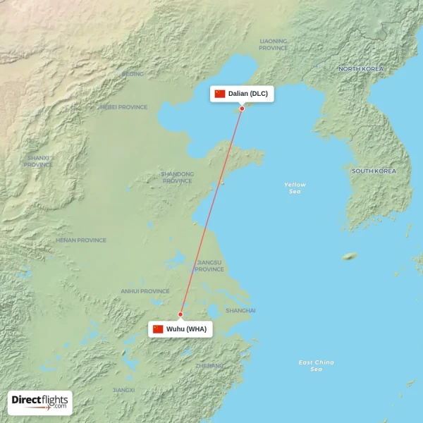 Wuhu - Dalian direct flight map