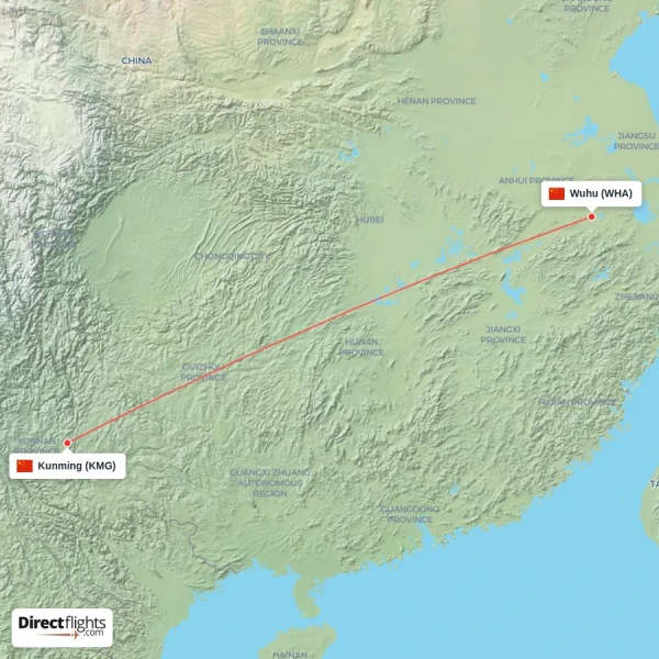 Wuhu - Kunming direct flight map