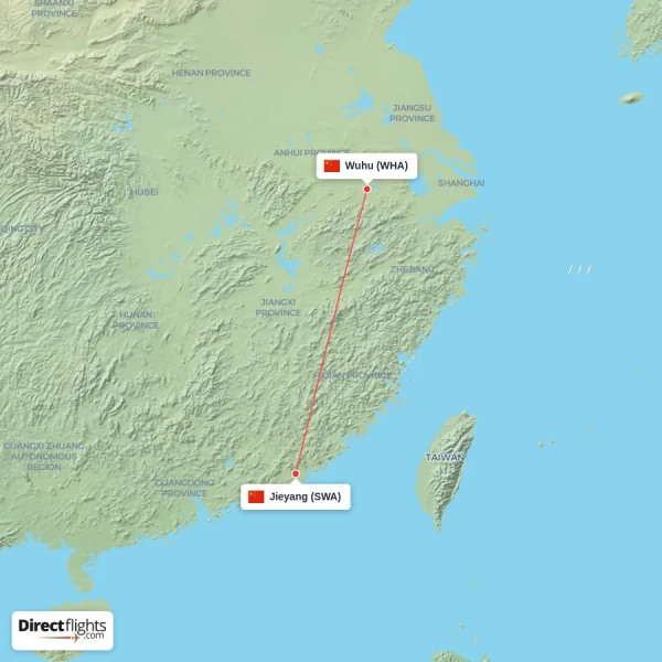 Wuhu - Jieyang direct flight map