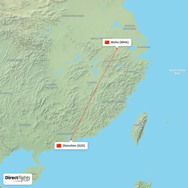 Wuhu - Shenzhen direct flight map