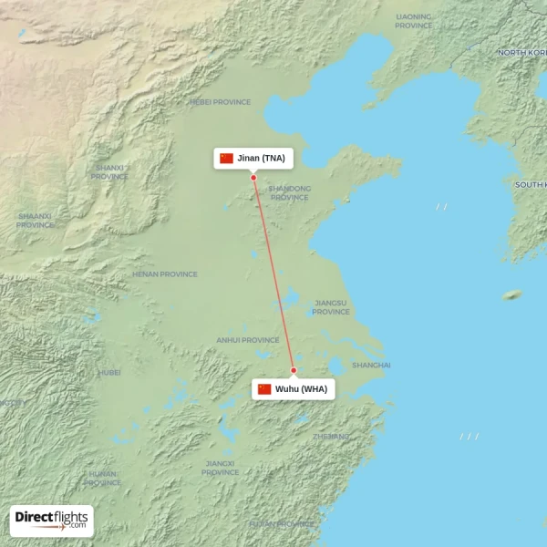 Wuhu - Jinan direct flight map