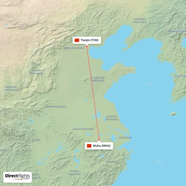 Wuhu - Tianjin direct flight map