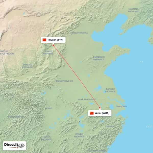 Wuhu - Taiyuan direct flight map