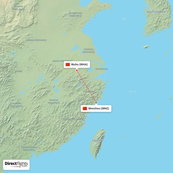 Wuhu - Wenzhou direct flight map