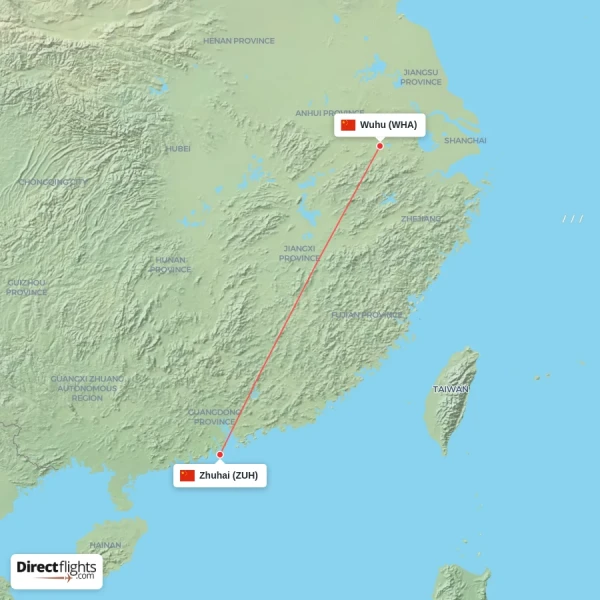 Wuhu - Zhuhai direct flight map