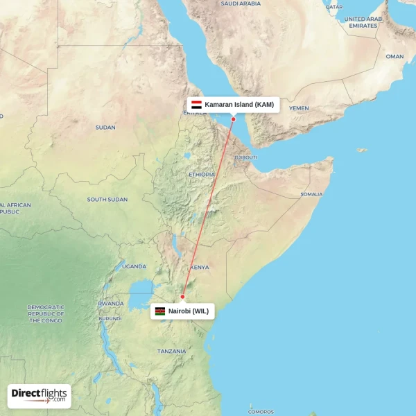 Nairobi - Kamaran Island direct flight map