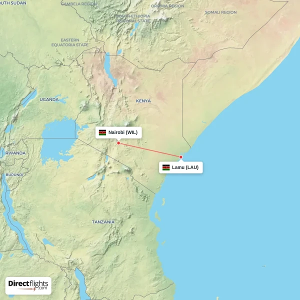 Nairobi - Lamu direct flight map