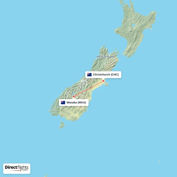 Wanaka - Christchurch direct flight map