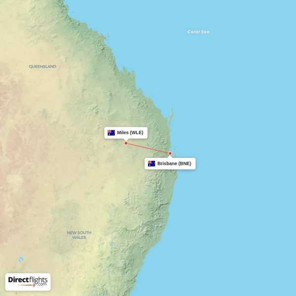 Miles - Brisbane direct flight map