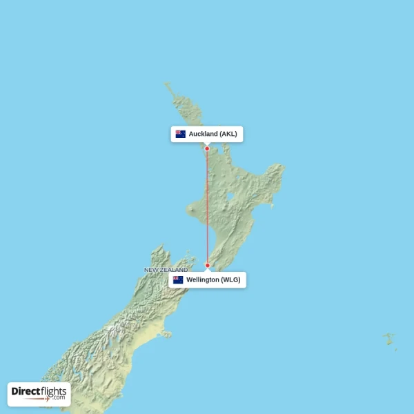 Wellington - Auckland direct flight map