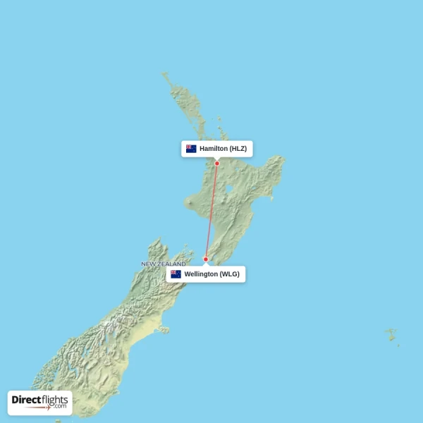 Wellington - Hamilton direct flight map