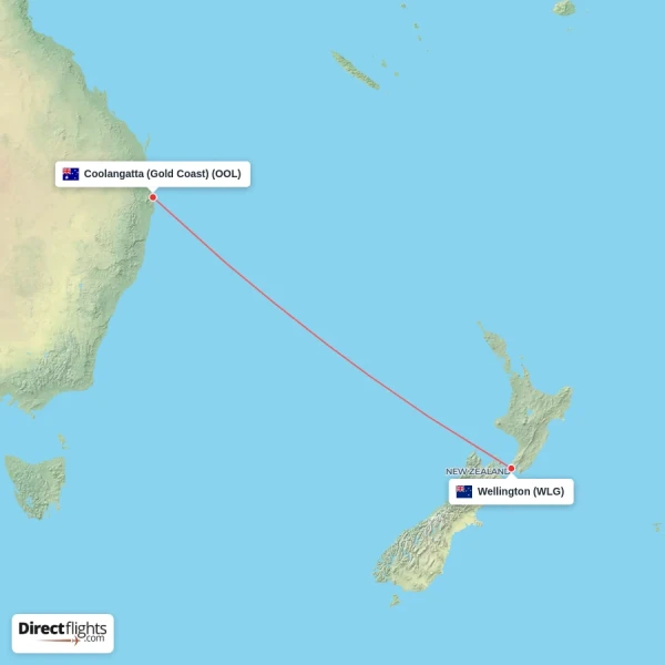 Wellington - Coolangatta (Gold Coast) direct flight map