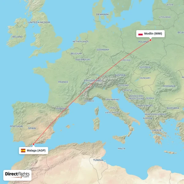 Modlin - Malaga direct flight map