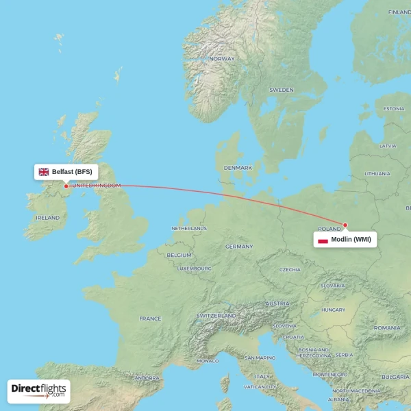 Modlin - Belfast direct flight map