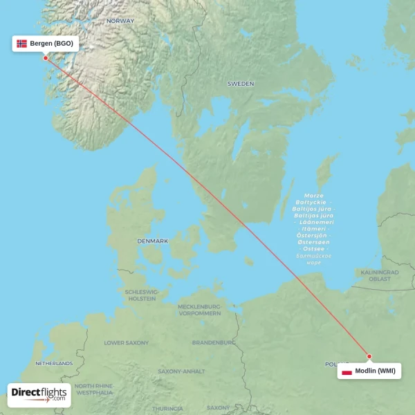 Modlin - Bergen direct flight map