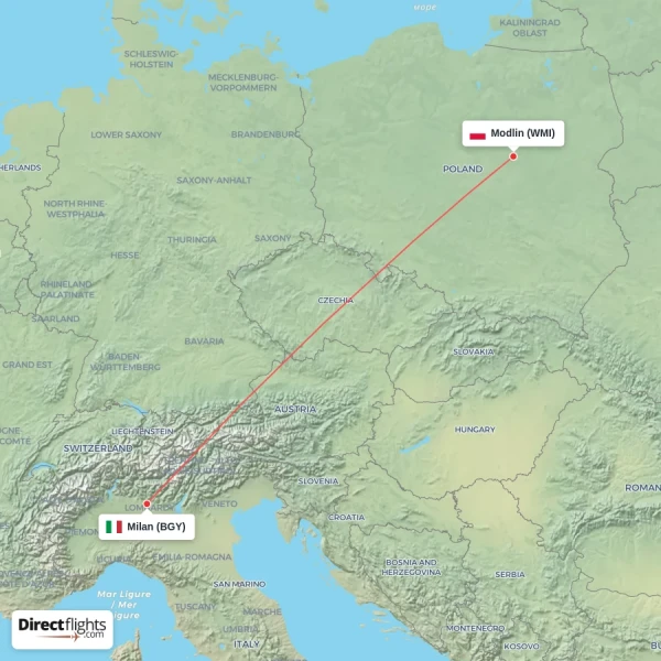Modlin - Milan direct flight map
