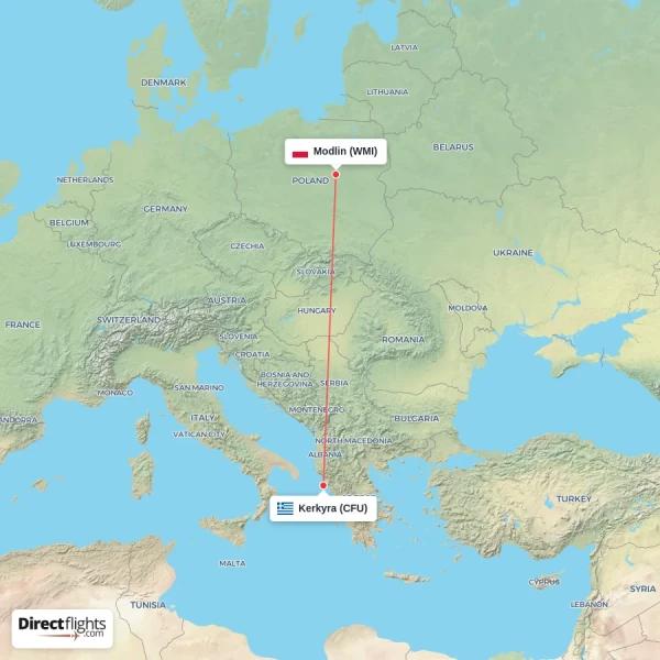 Modlin - Kerkyra direct flight map