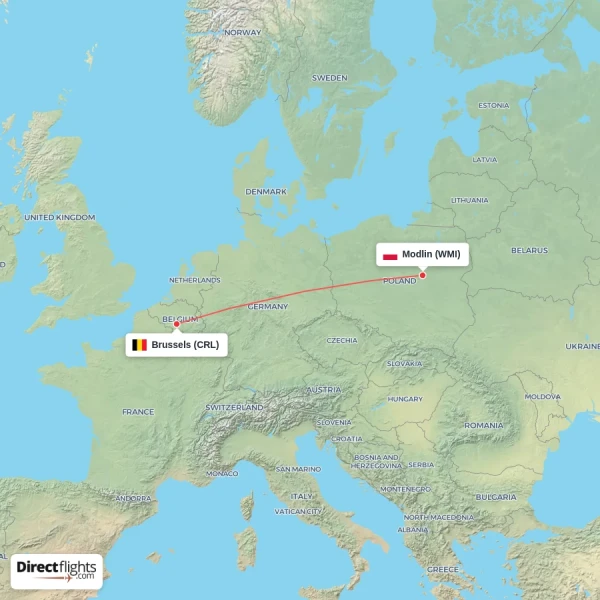 Modlin - Brussels direct flight map